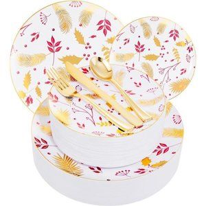 150PCS Thanksgiving Plates - Gold Plastic Plates with Berry and Leaves Design